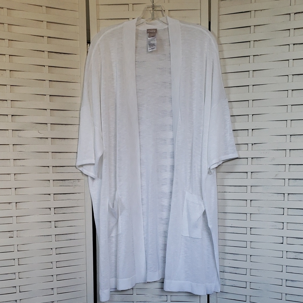 Chico's White Open-Front Short Sleeve Pocket Cardigan